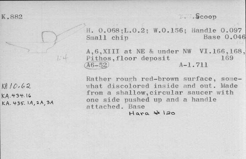 Index card with typed and handwritten information, sometimes including a sketch, of pottery from an excavation.