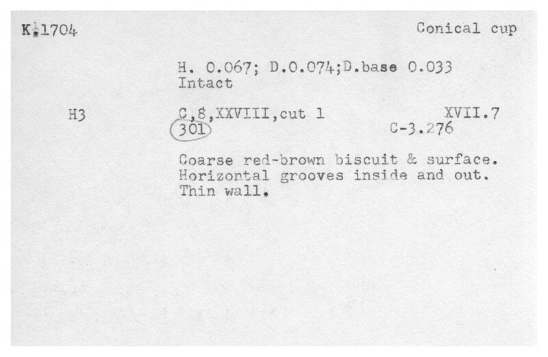 Index card with typed and handwritten information, sometimes including a sketch, of pottery from an excavation.