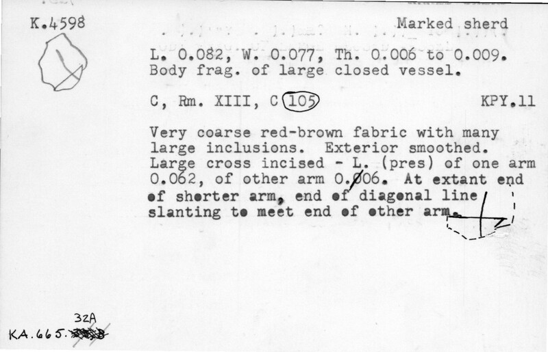 Index card with typed and handwritten information, sometimes including a sketch, of pottery from an excavation.
