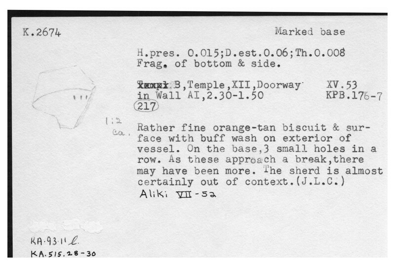 Index card with typed and handwritten information, sometimes including a sketch, of pottery from an excavation.