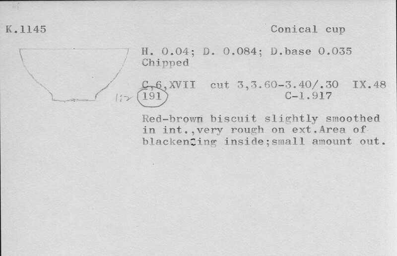 Index card with typed and handwritten information, sometimes including a sketch, of pottery from an excavation.
