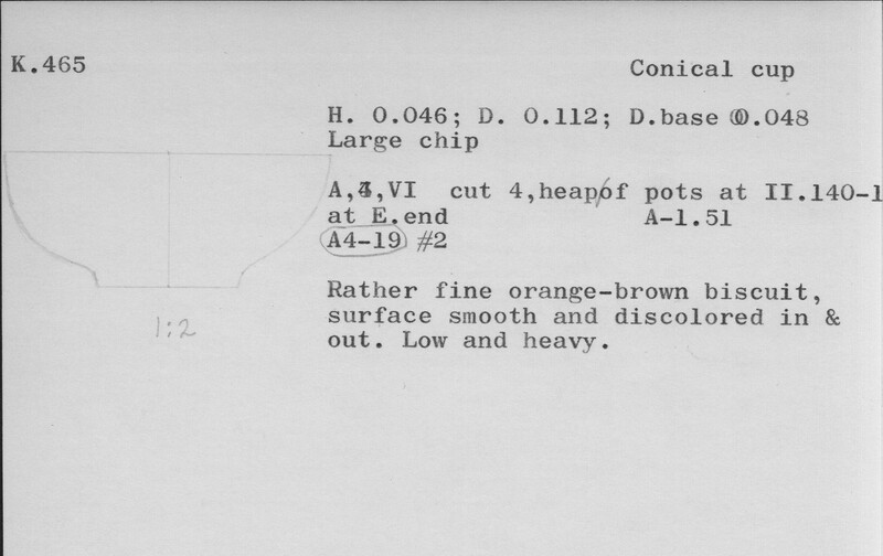 Index card with typed and handwritten information, sometimes including a sketch, of pottery from an excavation.