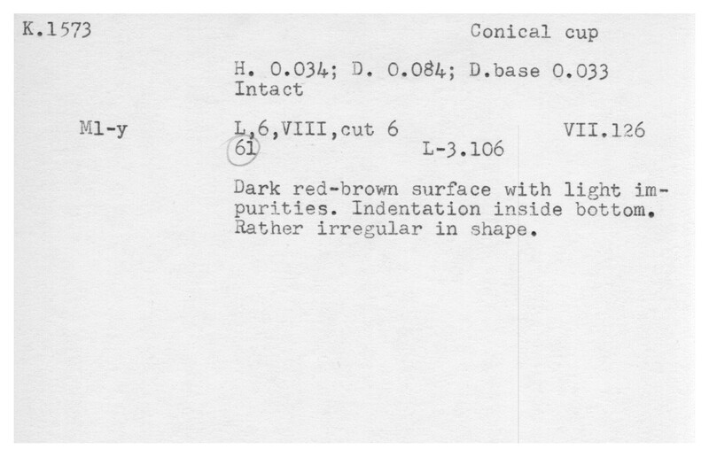 Index card with typed and handwritten information, sometimes including a sketch, of pottery from an excavation.