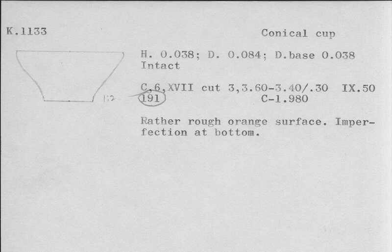 Index card with typed and handwritten information, sometimes including a sketch, of pottery from an excavation.