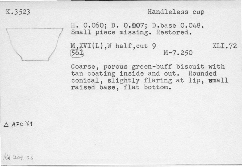 Index card with typed and handwritten information, sometimes including a sketch, of pottery from an excavation.