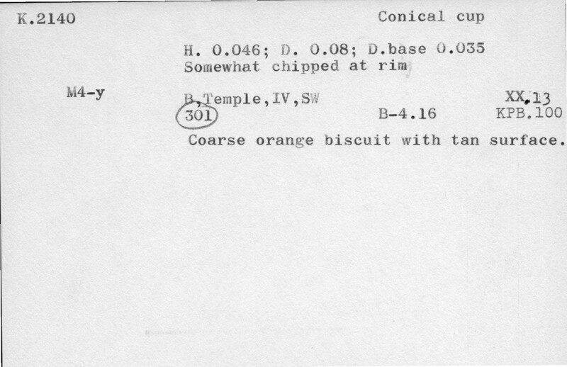 Index card with typed and handwritten information, sometimes including a sketch, of pottery from an excavation.