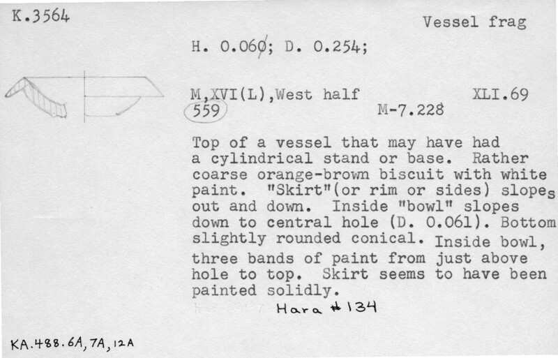 Index card with typed and handwritten information, sometimes including a sketch, of pottery from an excavation.
