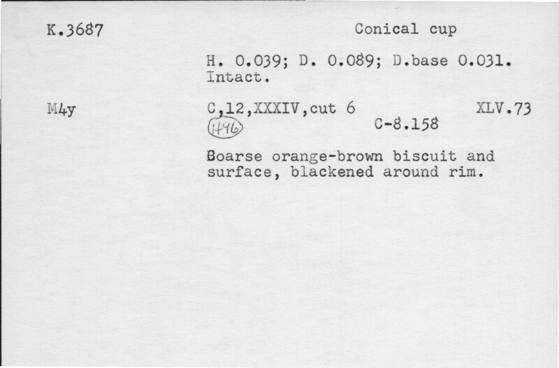 Index card with typed and handwritten information, sometimes including a sketch, of pottery from an excavation.