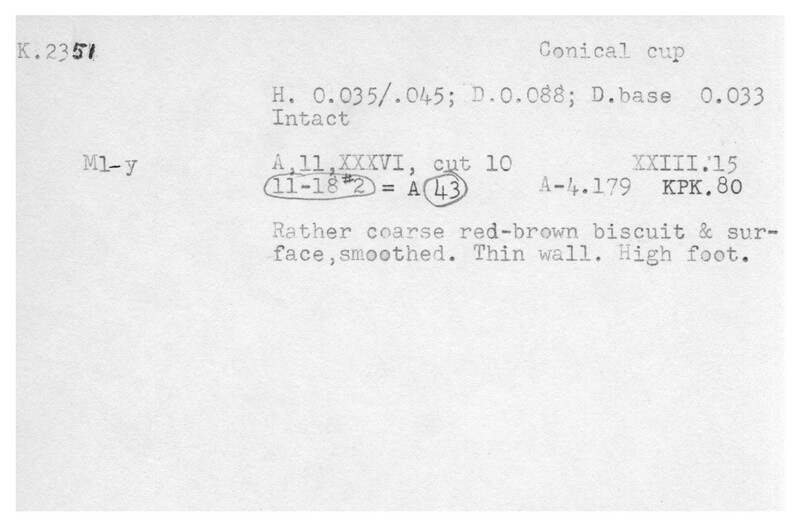 Index card with typed and handwritten information, sometimes including a sketch, of pottery from an excavation.