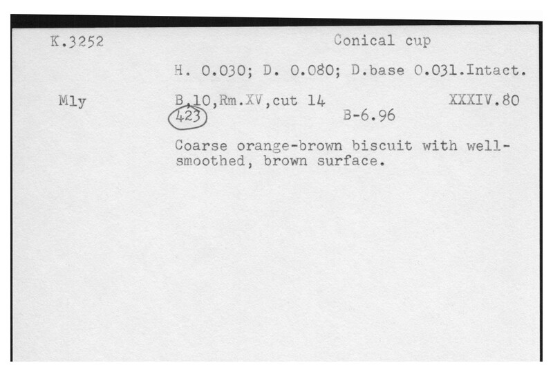 Index card with typed and handwritten information, sometimes including a sketch, of pottery from an excavation.