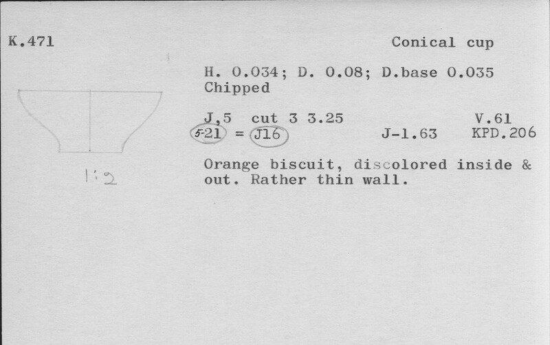 Index card with typed and handwritten information, sometimes including a sketch, of pottery from an excavation.