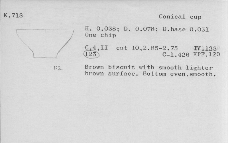 Index card with typed and handwritten information, sometimes including a sketch, of pottery from an excavation.