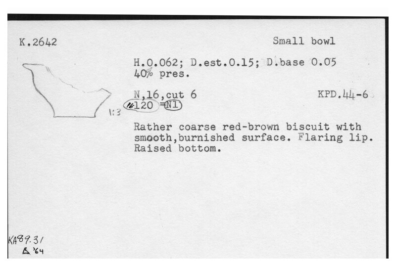 Index card with typed and handwritten information, sometimes including a sketch, of pottery from an excavation.