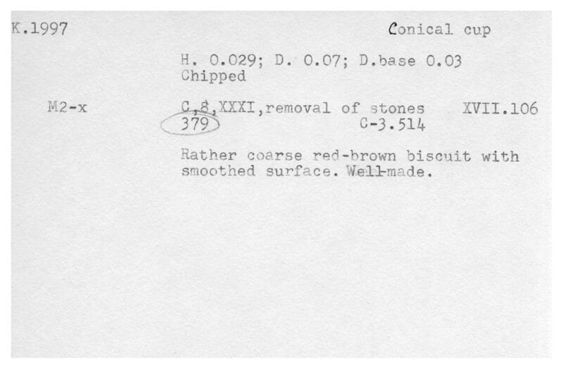 Index card with typed and handwritten information, sometimes including a sketch, of pottery from an excavation.