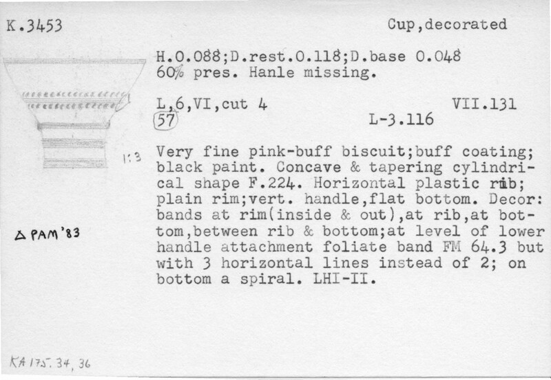 Index card with typed and handwritten information, sometimes including a sketch, of pottery from an excavation.