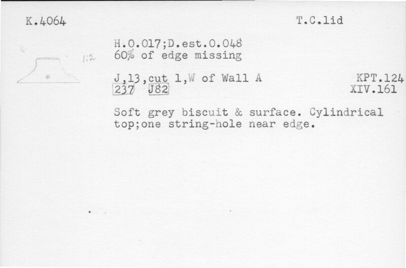 Index card with typed and handwritten information, sometimes including a sketch, of pottery from an excavation.