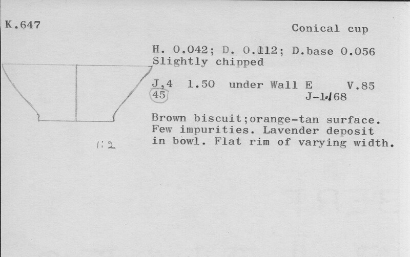 Index card with typed and handwritten information, sometimes including a sketch, of pottery from an excavation.