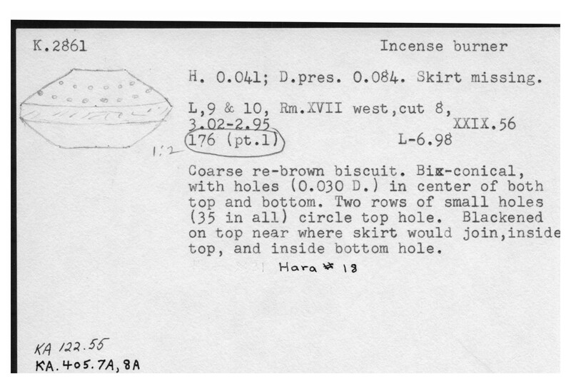 Index card with typed and handwritten information, sometimes including a sketch, of pottery from an excavation.