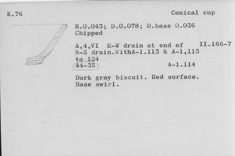 Index card with typed and handwritten information, sometimes including a sketch, of pottery from an excavation.