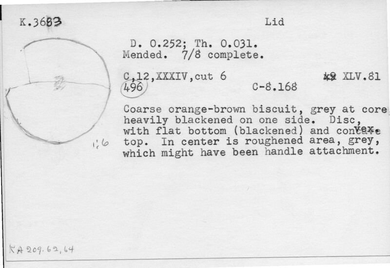 Index card with typed and handwritten information, sometimes including a sketch, of pottery from an excavation.