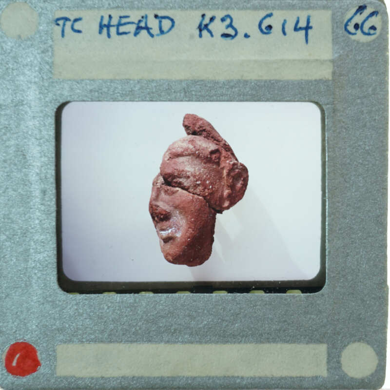 A close-up photograph of a small red figurine with a face, displayed on a white background.
