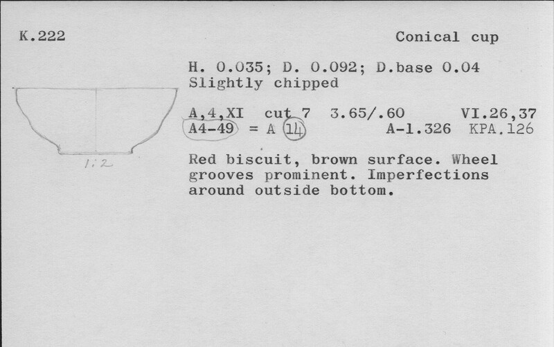 Index card with typed and handwritten information, sometimes including a sketch, of pottery from an excavation.