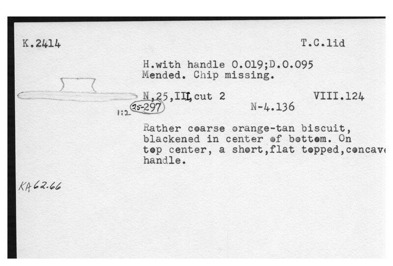 Index card with typed and handwritten information, sometimes including a sketch, of pottery from an excavation.