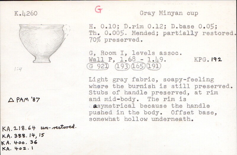 Index card with typed and handwritten information, sometimes including a sketch, of pottery from an excavation.