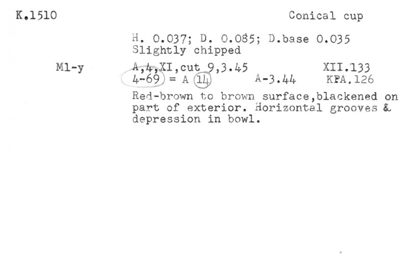 Index card with typed and handwritten information, sometimes including a sketch, of pottery from an excavation.