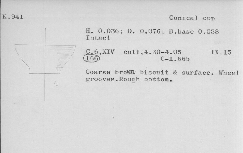 Index card with typed and handwritten information, sometimes including a sketch, of pottery from an excavation.