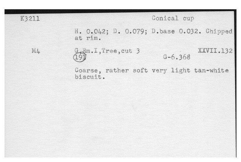 Index card with typed and handwritten information, sometimes including a sketch, of pottery from an excavation.