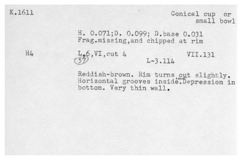 Index card with typed and handwritten information, sometimes including a sketch, of pottery from an excavation.