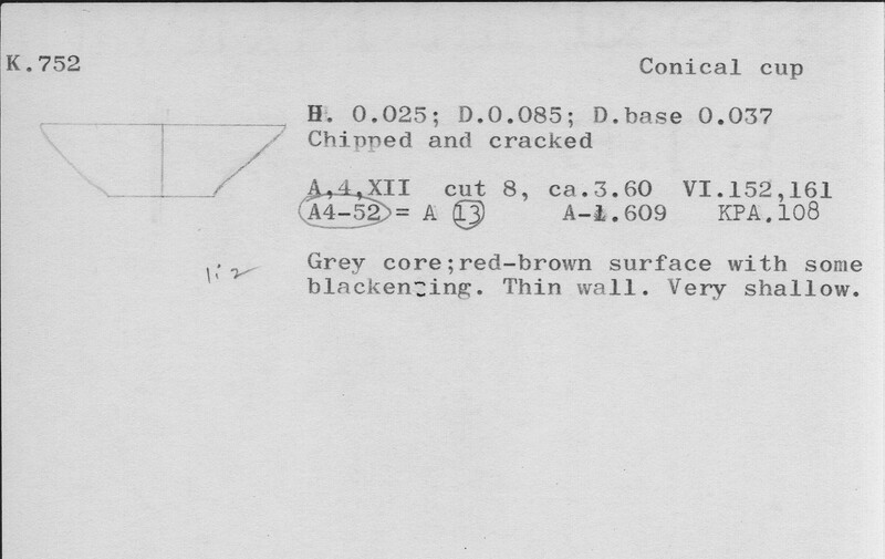 Index card with typed and handwritten information, sometimes including a sketch, of pottery from an excavation.