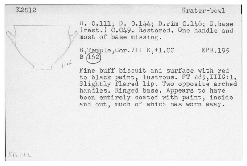 Index card with typed and handwritten information, sometimes including a sketch, of pottery from an excavation.