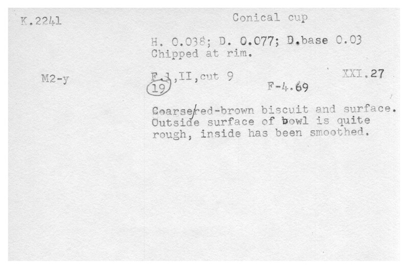 Index card with typed and handwritten information, sometimes including a sketch, of pottery from an excavation.