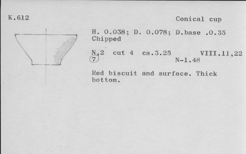 Index card with typed and handwritten information, sometimes including a sketch, of pottery from an excavation.