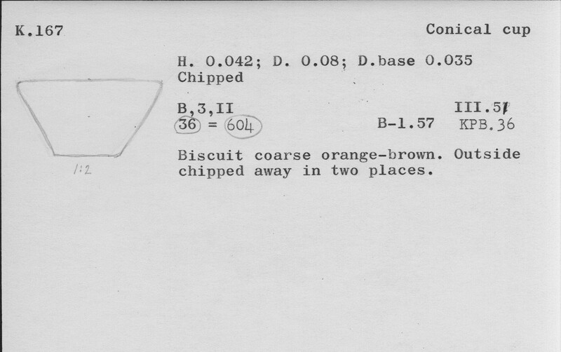 Index card with typed and handwritten information, sometimes including a sketch, of pottery from an excavation.