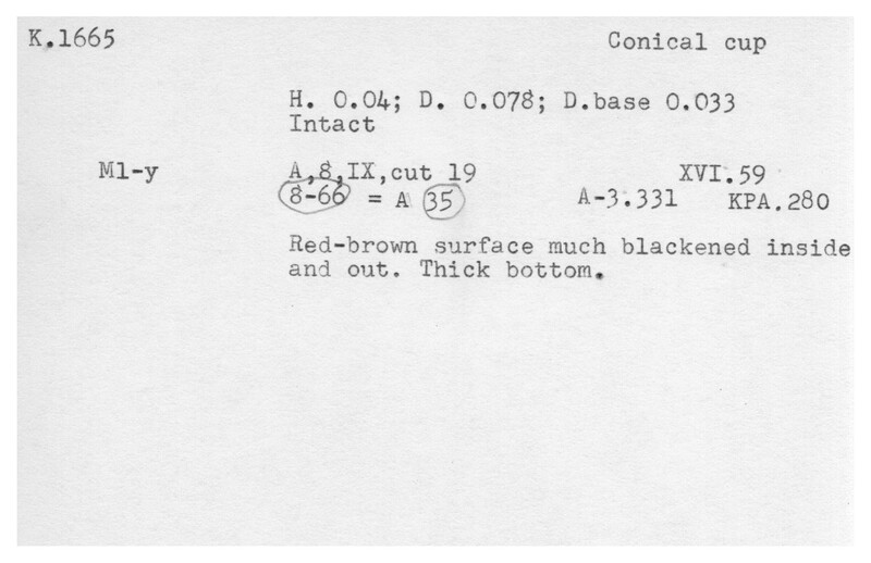 Index card with typed and handwritten information, sometimes including a sketch, of pottery from an excavation.