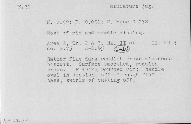 Index card with typed and handwritten information, sometimes including a sketch, of pottery from an excavation.
