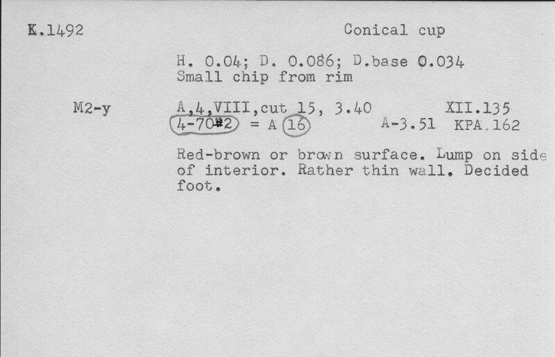 Index card with typed and handwritten information, sometimes including a sketch, of pottery from an excavation.