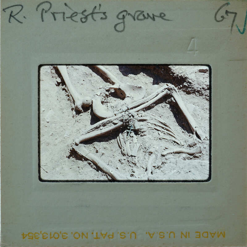 Ancient human skeleton partially buried in the ground.