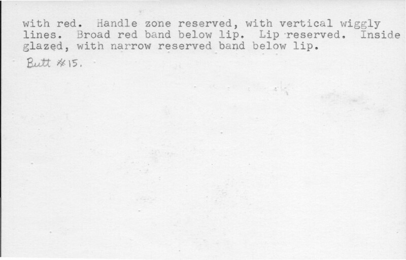 Index card with typed and handwritten information, sometimes including a sketch, of pottery from an excavation.