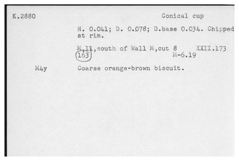 Index card with typed and handwritten information, sometimes including a sketch, of pottery from an excavation.