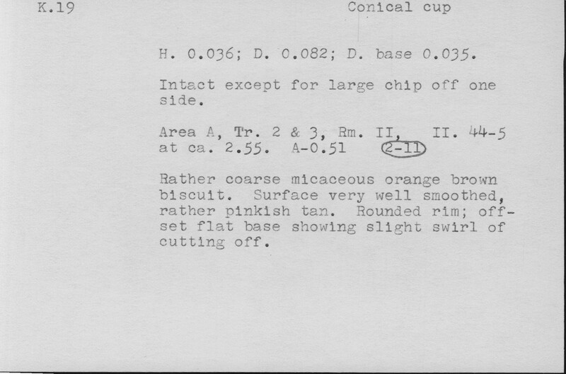 Index card with typed and handwritten information, sometimes including a sketch, of pottery from an excavation.