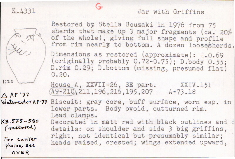 Index card with typed and handwritten information, sometimes including a sketch, of pottery from an excavation.