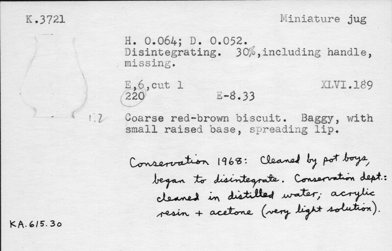 Index card with typed and handwritten information, sometimes including a sketch, of pottery from an excavation.
