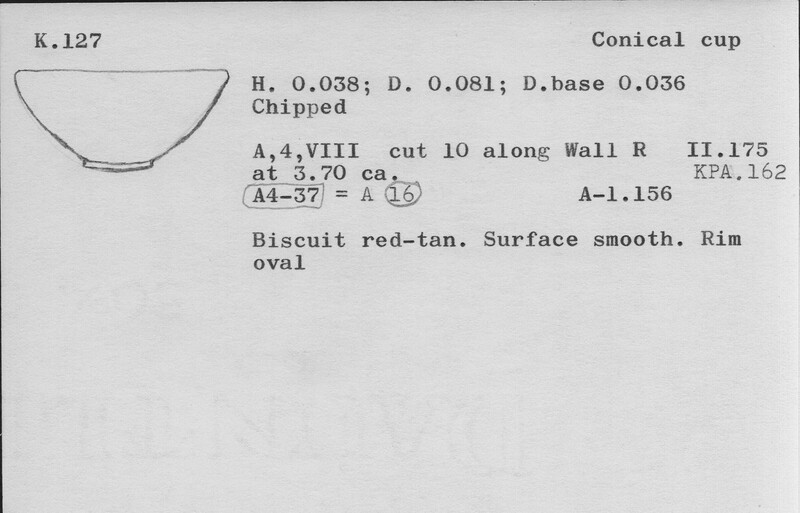 Index card with typed and handwritten information, sometimes including a sketch, of pottery from an excavation.