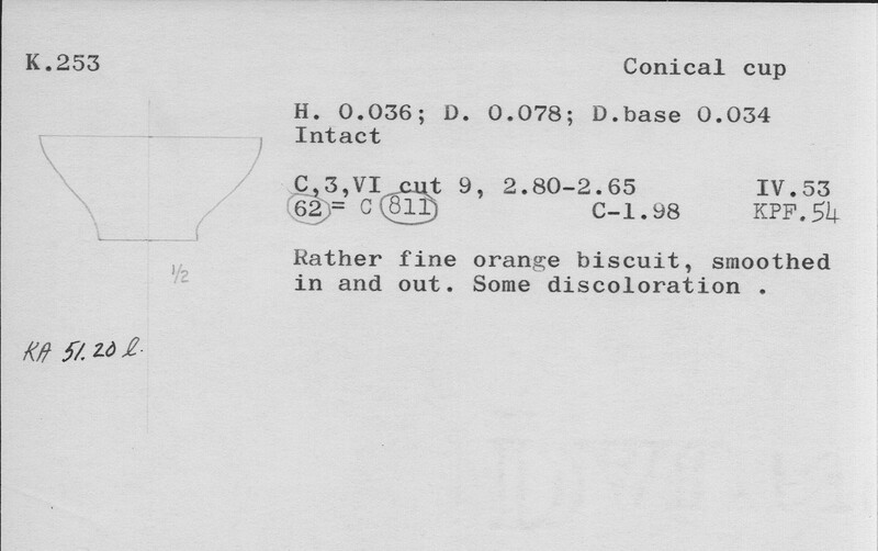Index card with typed and handwritten information, sometimes including a sketch, of pottery from an excavation.