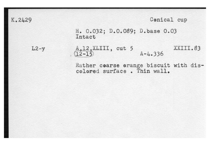 Index card with typed and handwritten information, sometimes including a sketch, of pottery from an excavation.