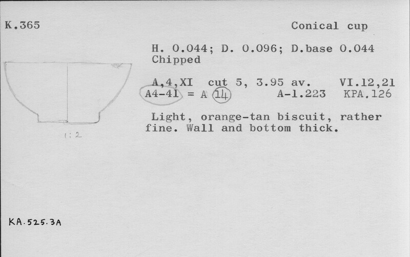 Index card with typed and handwritten information, sometimes including a sketch, of pottery from an excavation.
